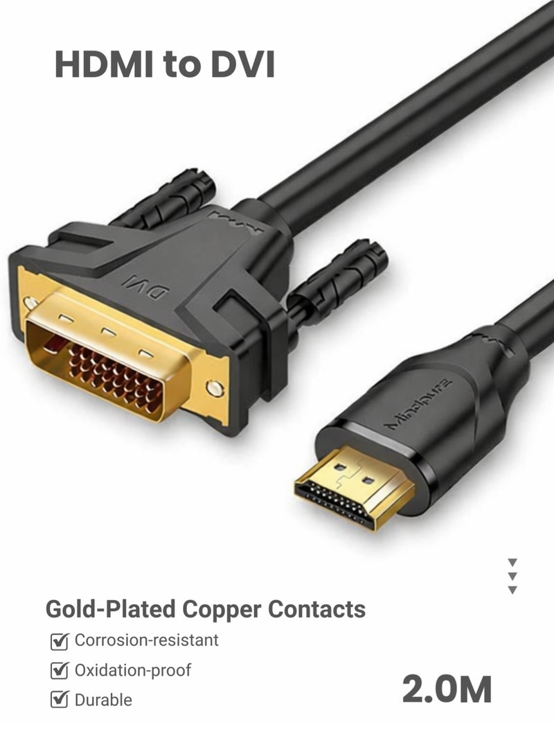 مينديبوريت كابل محول Mindpure من HDMI إلى DVI بطول 2 متر، ثنائي الاتجاه عالي السرعة، موصلات مطلية بالذهب، يدعم 1080p، متوافق مع أجهزة التلفاز، الشاشات، وبطاقات الرسوميات - Image 1