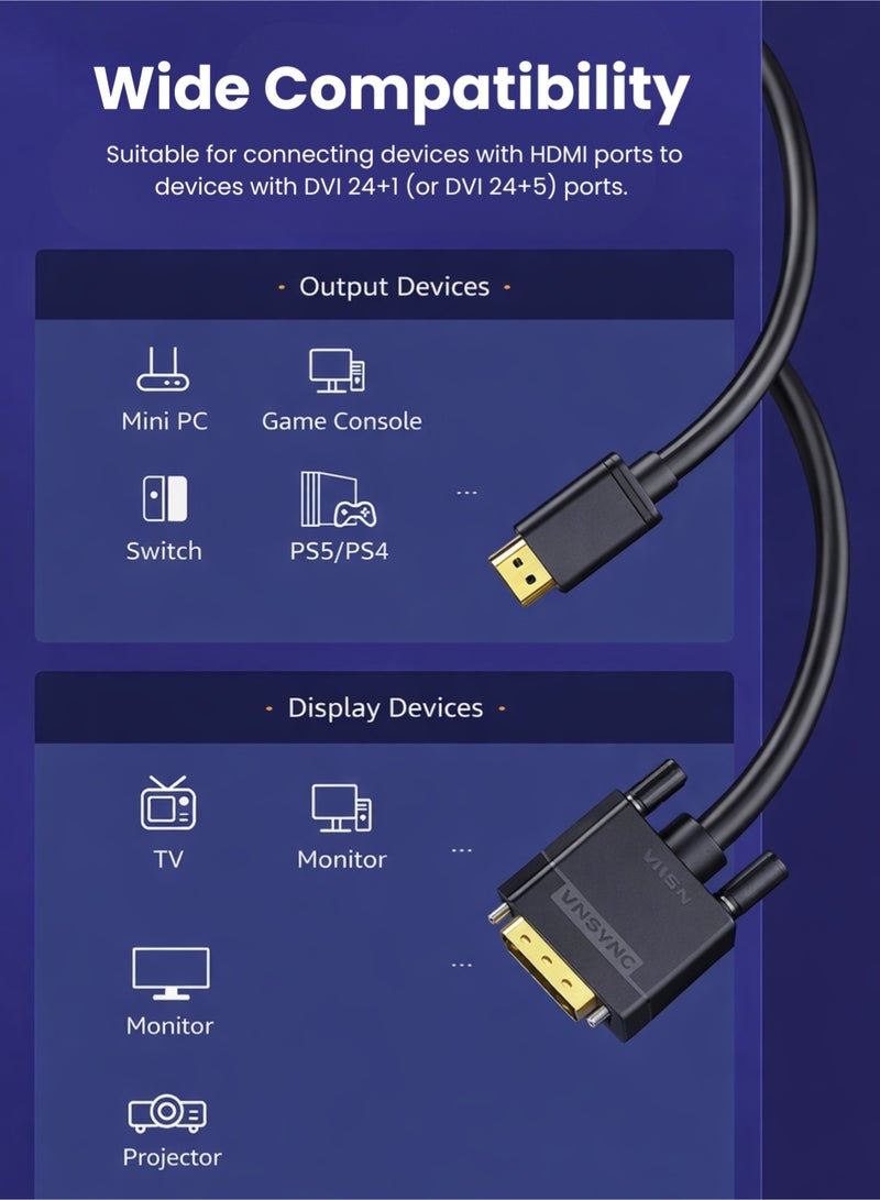 مينديبوريت كابل محول Mindpure من HDMI إلى DVI بطول 2 متر، ثنائي الاتجاه عالي السرعة، موصلات مطلية بالذهب، يدعم 1080p، متوافق مع أجهزة التلفاز، الشاشات، وبطاقات الرسوميات - Image 3
