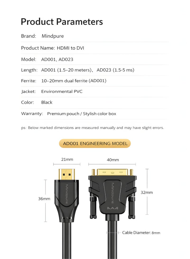 مينديبوريت كابل محول Mindpure من HDMI إلى DVI بطول 2 متر، ثنائي الاتجاه عالي السرعة، موصلات مطلية بالذهب، يدعم 1080p، متوافق مع أجهزة التلفاز، الشاشات، وبطاقات الرسوميات - Image 5