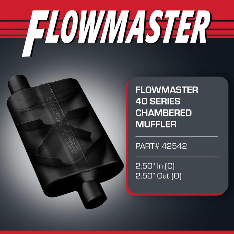 FLOWMASTER كواترون 40 الأصلي - كاتم صوت ذو غرفتين - 2.50 بوصة مدخل مركزي / 2.50 بوصة مخرج مائل - صوت عدواني - فولاذ مطلي بالألمنيوم بسمك 16 - للسيارات العضلية، سيارات الشارع، الشاحنات، سيارات الدفع الرباعي وبناءات الشريط (42542) - Image 2