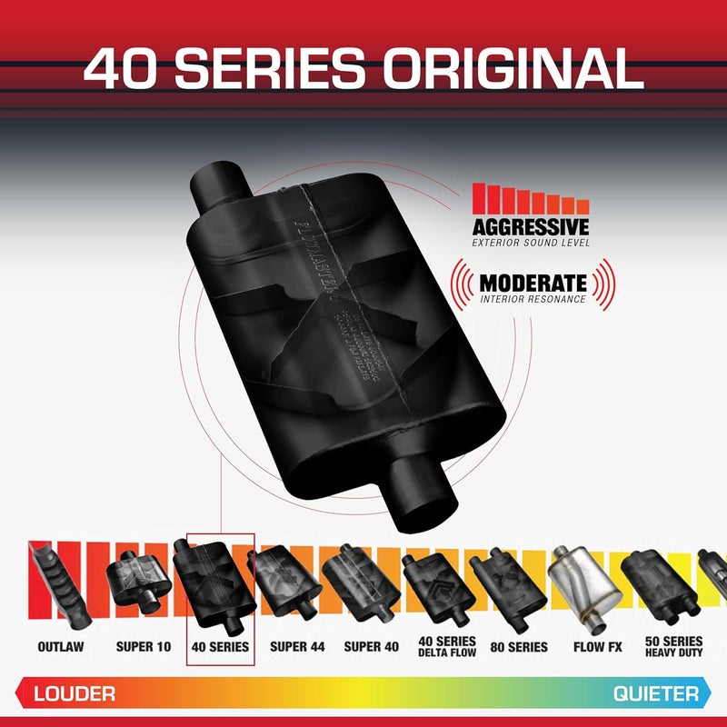 FLOWMASTER كواترون 40 الأصلي - كاتم صوت ذو غرفتين - 2.50 بوصة مدخل مركزي / 2.50 بوصة مخرج مائل - صوت عدواني - فولاذ مطلي بالألمنيوم بسمك 16 - للسيارات العضلية، سيارات الشارع، الشاحنات، سيارات الدفع الرباعي وبناءات الشريط (42542) - Image 3