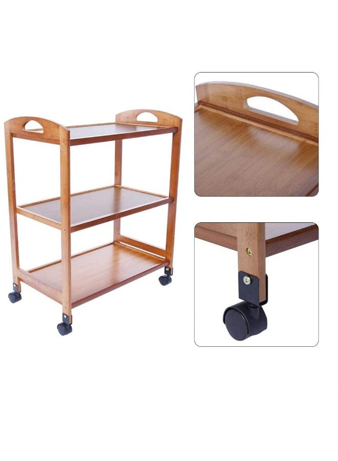 LINGWEI Bamboo Serving Trolley 3 Tier Rolling Cart with Lockable Wheels, Brown Mobile Kitchen Storage Organizer - Image 4
