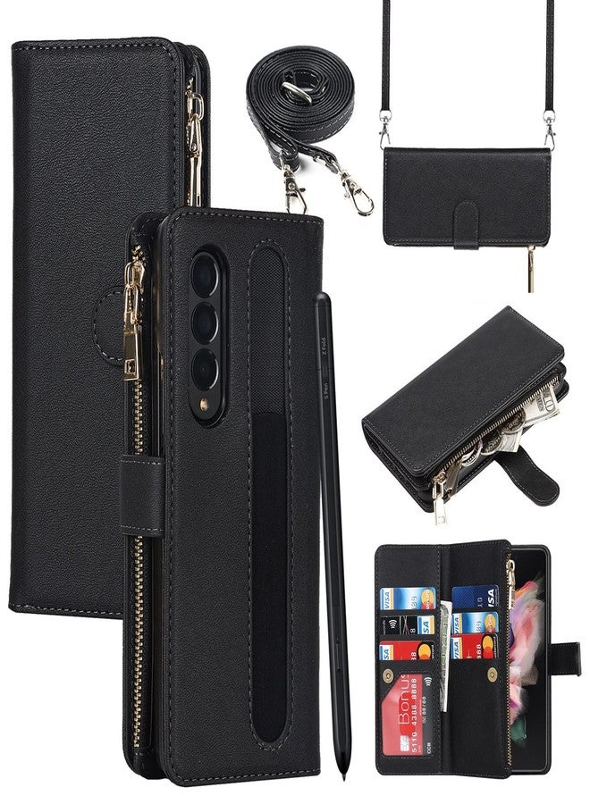 iCoverCase for Samsung Galaxy Z Fold 3 5G Wallet Case with Card Holder, PU Leather Case with S Pen Holder Adjustable Crossbody Lanyard Magnetic Clasp Zipper Pocket Flip Cover (Black) - Image 1