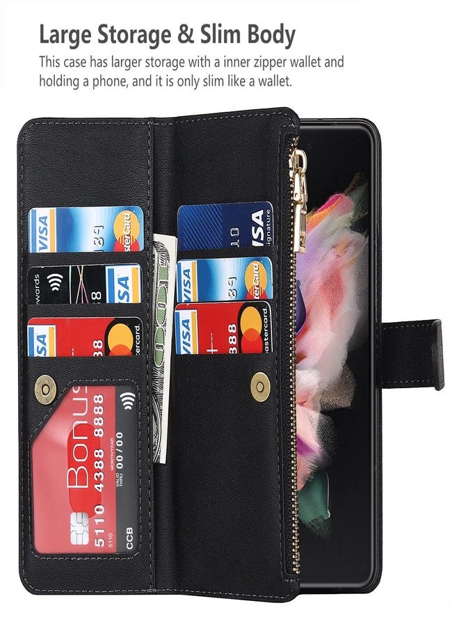 iCoverCase for Samsung Galaxy Z Fold 3 5G Wallet Case with Card Holder, PU Leather Case with S Pen Holder Adjustable Crossbody Lanyard Magnetic Clasp Zipper Pocket Flip Cover (Black) - Image 2