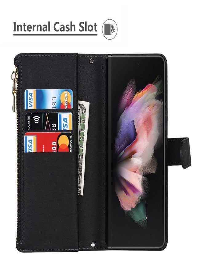 iCoverCase for Samsung Galaxy Z Fold 3 5G Wallet Case with Card Holder, PU Leather Case with S Pen Holder Adjustable Crossbody Lanyard Magnetic Clasp Zipper Pocket Flip Cover (Black) - Image 3