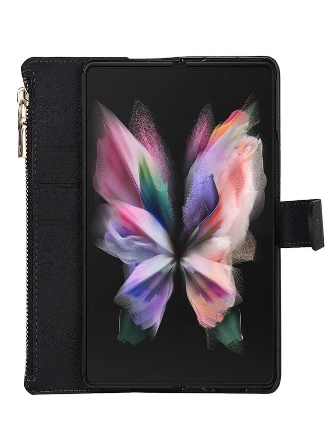 iCoverCase for Samsung Galaxy Z Fold 3 5G Wallet Case with Card Holder, PU Leather Case with S Pen Holder Adjustable Crossbody Lanyard Magnetic Clasp Zipper Pocket Flip Cover (Black) - Image 4
