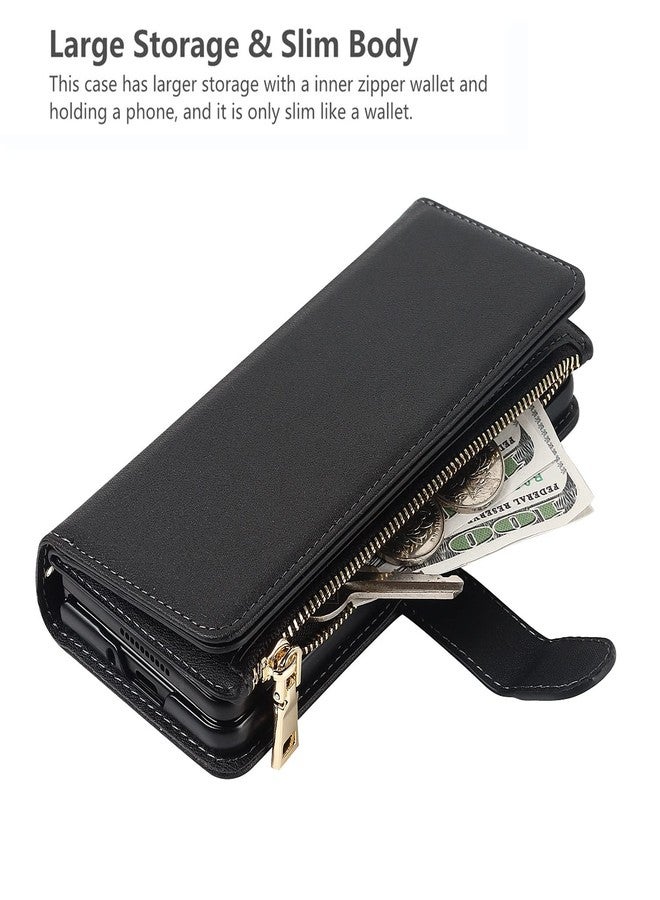 iCoverCase for Samsung Galaxy Z Fold 3 5G Wallet Case with Card Holder, PU Leather Case with S Pen Holder Adjustable Crossbody Lanyard Magnetic Clasp Zipper Pocket Flip Cover (Black) - Image 5