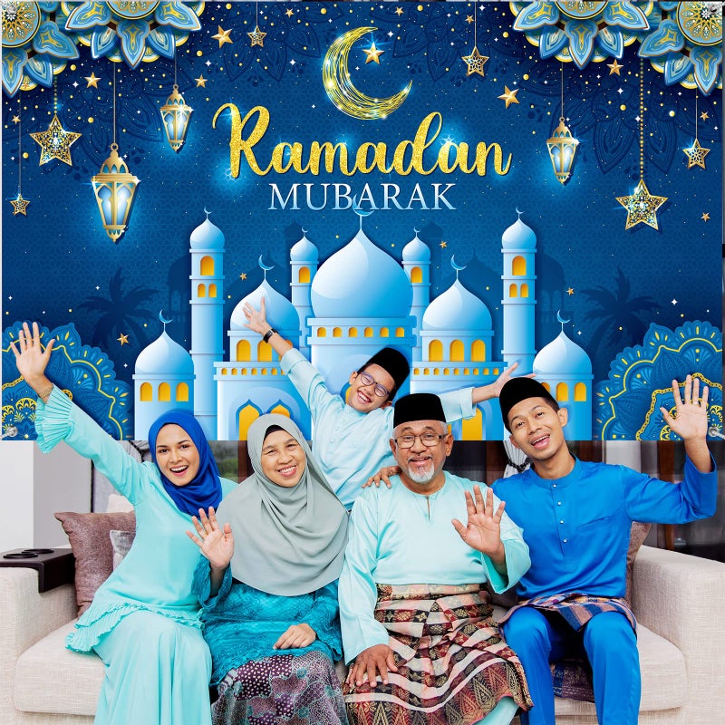 Boyiee Ramadan Party Background Banner Background Eid Mubarak Fabric Eid al-Fitr Celebration Decoration Background Muslim Banner Kareem Photo Background for Home (Blue) - Image 4