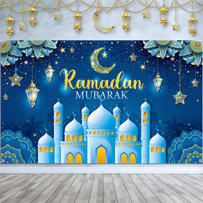 Boyiee Ramadan Party Background Banner Background Eid Mubarak Fabric Eid al-Fitr Celebration Decoration Background Muslim Banner Kareem Photo Background for Home (Blue) - Image 1