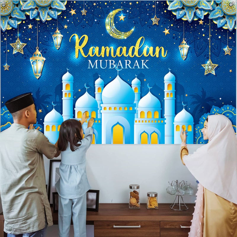 Boyiee Ramadan Party Background Banner Background Eid Mubarak Fabric Eid al-Fitr Celebration Decoration Background Muslim Banner Kareem Photo Background for Home (Blue) - Image 5