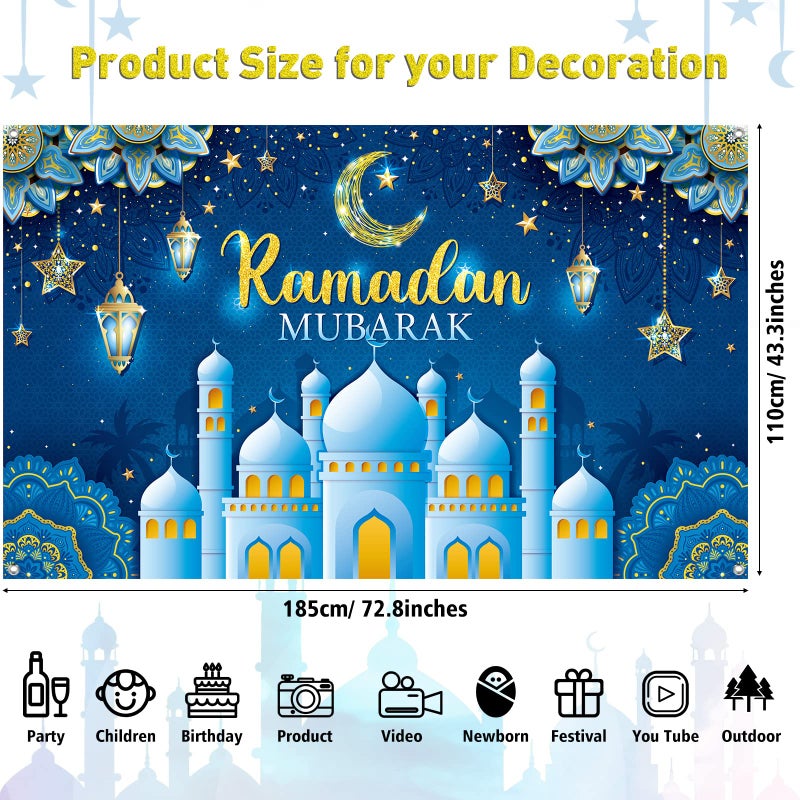 Boyiee Ramadan Party Background Banner Background Eid Mubarak Fabric Eid al-Fitr Celebration Decoration Background Muslim Banner Kareem Photo Background for Home (Blue) - Image 2