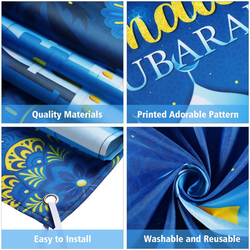 Boyiee Ramadan Party Background Banner Background Eid Mubarak Fabric Eid al-Fitr Celebration Decoration Background Muslim Banner Kareem Photo Background for Home (Blue) - Image 3