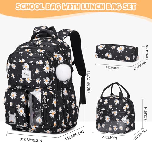 ACESAK Backpack for Girls - Girls Backpack with Lunch Bag & Pencil Pouch for Teen Kids Laptop Backpack for Women, Elementary Middle High School Bookbag Travel Daypack (Black Daisy) - Image 2