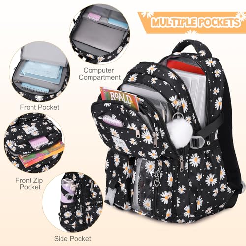 ACESAK Backpack for Girls - Girls Backpack with Lunch Bag & Pencil Pouch for Teen Kids Laptop Backpack for Women, Elementary Middle High School Bookbag Travel Daypack (Black Daisy) - Image 3