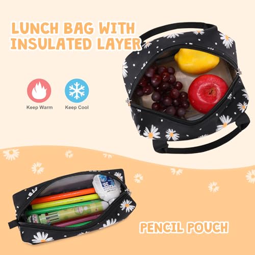 ACESAK Backpack for Girls - Girls Backpack with Lunch Bag & Pencil Pouch for Teen Kids Laptop Backpack for Women, Elementary Middle High School Bookbag Travel Daypack (Black Daisy) - Image 5