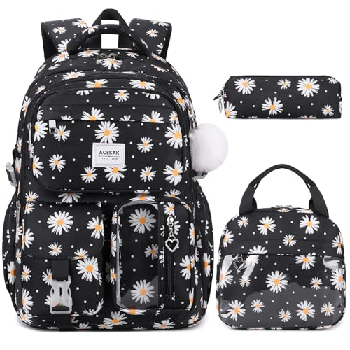 ACESAK Backpack for Girls - Girls Backpack with Lunch Bag & Pencil Pouch for Teen Kids Laptop Backpack for Women, Elementary Middle High School Bookbag Travel Daypack (Black Daisy) - Image 1
