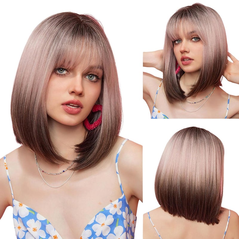 incohair incohair Ombre Pink Brown Wigs for women Short Straight Bob Wig with Bangs Pink and Brown Shoulder Length Bob Synthetic Cosplay Wig for Girl Colorful Costume Wigs Wig Cap Included Ombre Pink Brown 