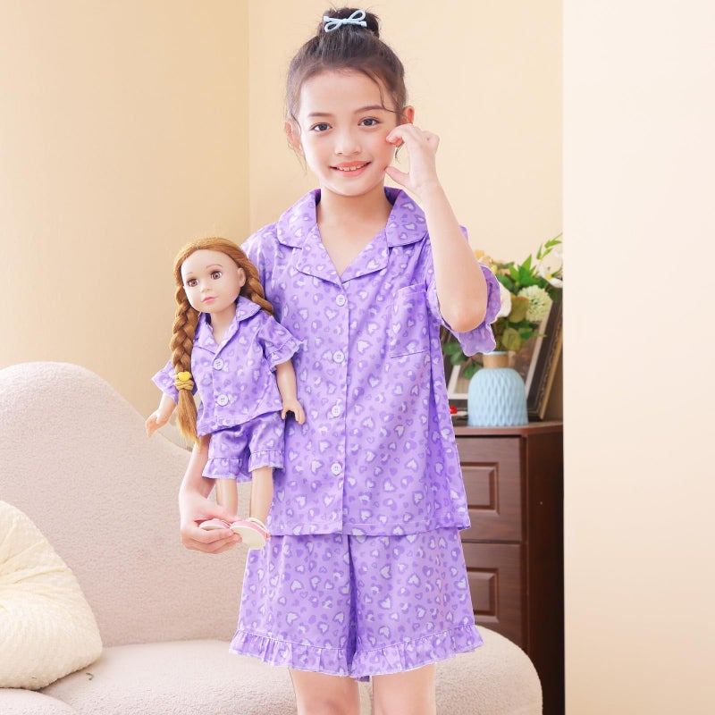 Icosy Matching Doll & Girls Pajamas Silk Kids Pjs 2 Pcs Satin Button-Down Top And Shorts For American 18"" Doll Girl Clothes Light Purple - Image 3