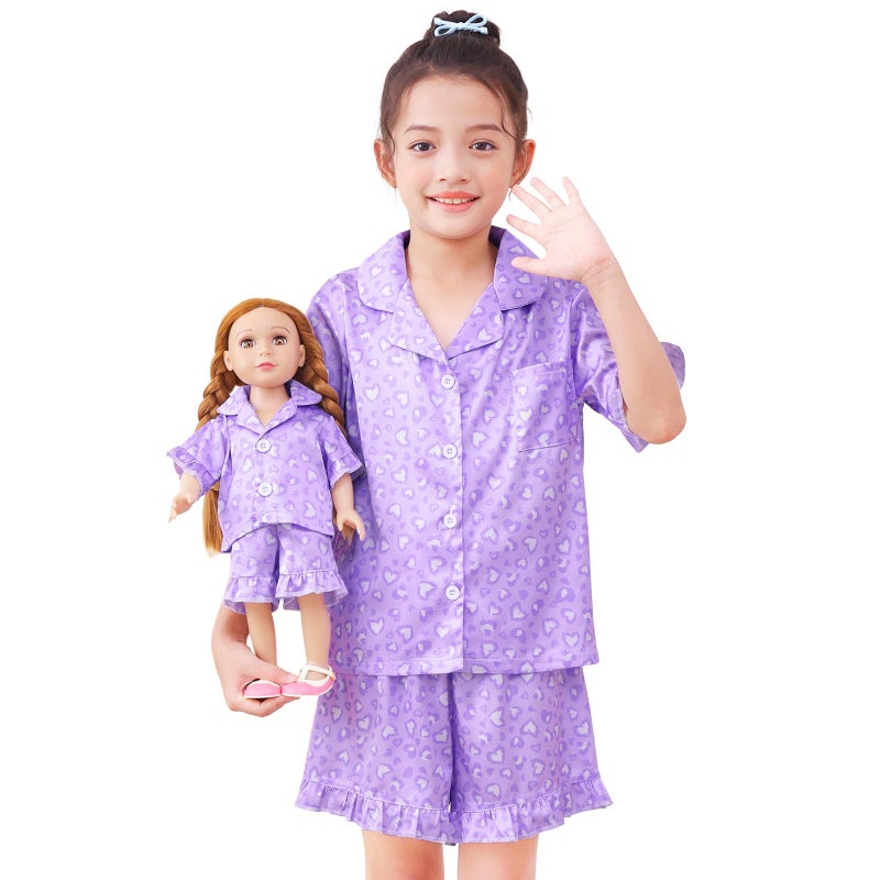 Icosy Matching Doll & Girls Pajamas Silk Kids Pjs 2 Pcs Satin Button-Down Top And Shorts For American 18"" Doll Girl Clothes Light Purple - Image 1