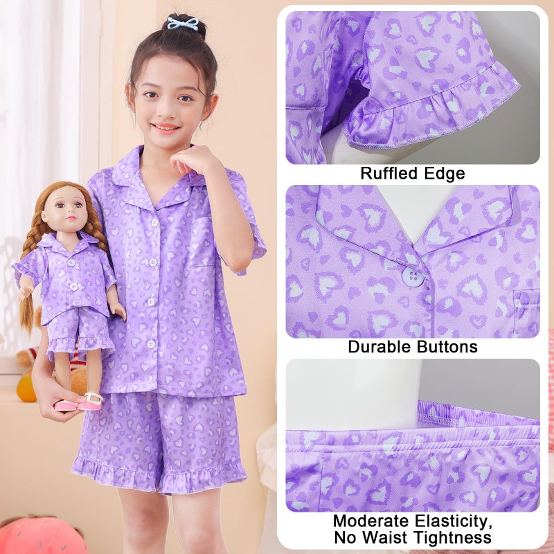 Icosy Matching Doll & Girls Pajamas Silk Kids Pjs 2 Pcs Satin Button-Down Top And Shorts For American 18"" Doll Girl Clothes Light Purple - Image 4