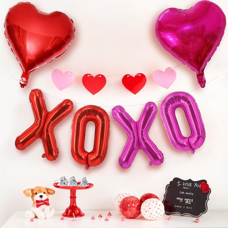 Froova Red XOXO Heart Balloons 6 Pcs Valentines Day Balloons Red Pink Heart Shaped Balloon XOXO Foil Balloon Letters for Girls Women Anniversary Sweet Valentine Day Romantic Decor Special Night Party - Image 3