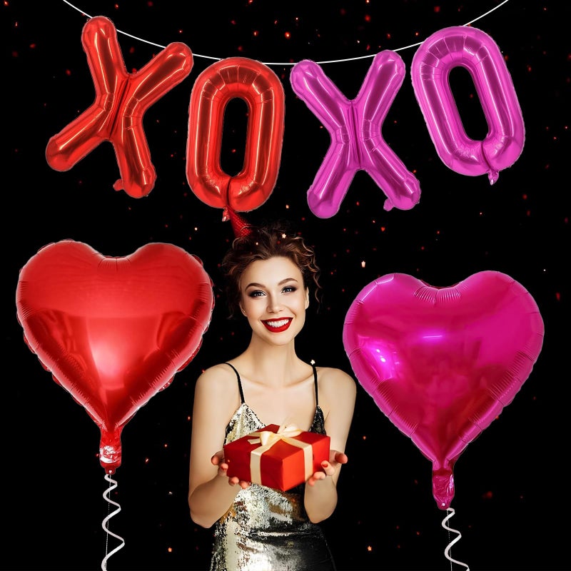 Froova Red XOXO Heart Balloons 6 Pcs Valentines Day Balloons Red Pink Heart Shaped Balloon XOXO Foil Balloon Letters for Girls Women Anniversary Sweet Valentine Day Romantic Decor Special Night Party - Image 5