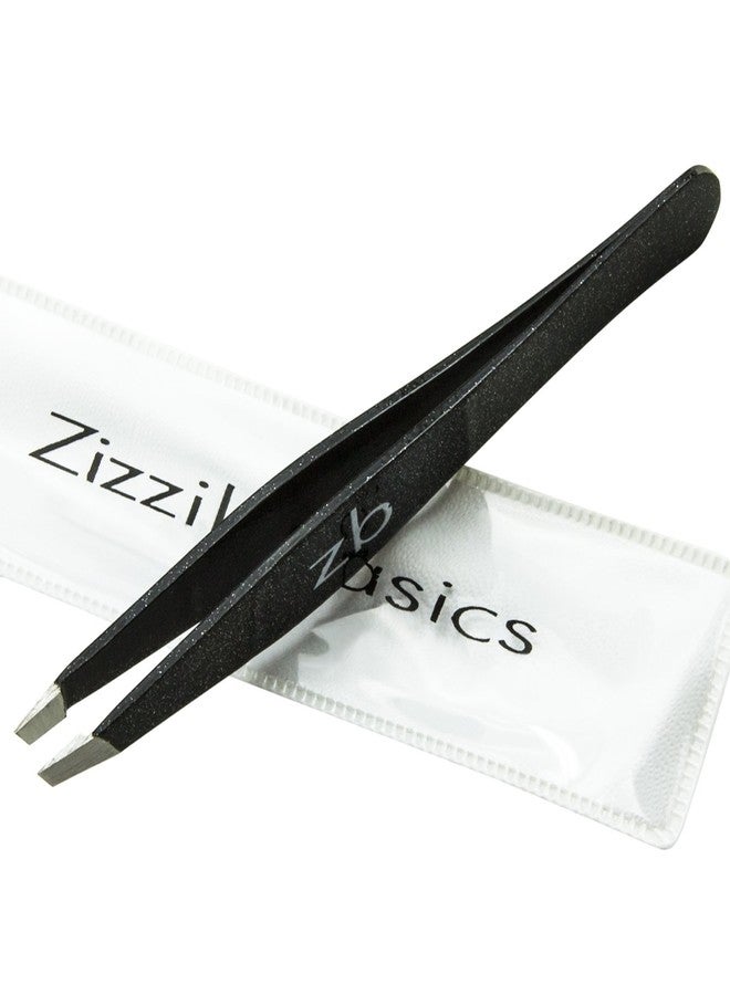 Zizzili Basics Tweezers - Surgical Grade Stainless Steel - Slant Tip for Expert Eyebrow Shaping and Facial Hair Removal - with Protective Pouch - Best Tweezer for Men and Women (Black) - Image 1