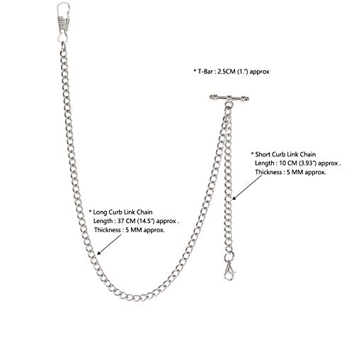 TREEWETO Pocket Watch Albert Chain T-Bar Watch Chain Link 16 inch 2 Hooks Silver Classic Antique Fob T Bar - Image 2