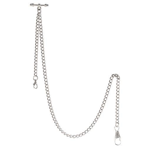 TREEWETO Pocket Watch Albert Chain T-Bar Watch Chain Link 16 inch 2 Hooks Silver Classic Antique Fob T Bar - Image 1
