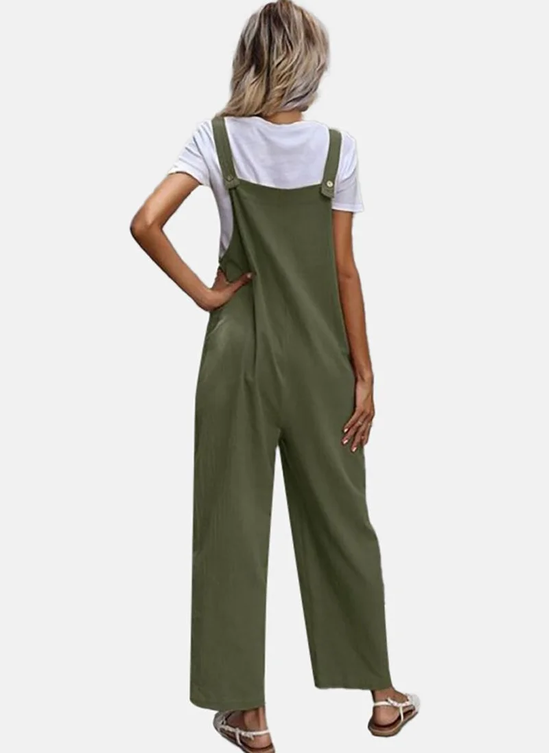 يونيكي Green Solid Relaxed Fit Square Neck Dungarees