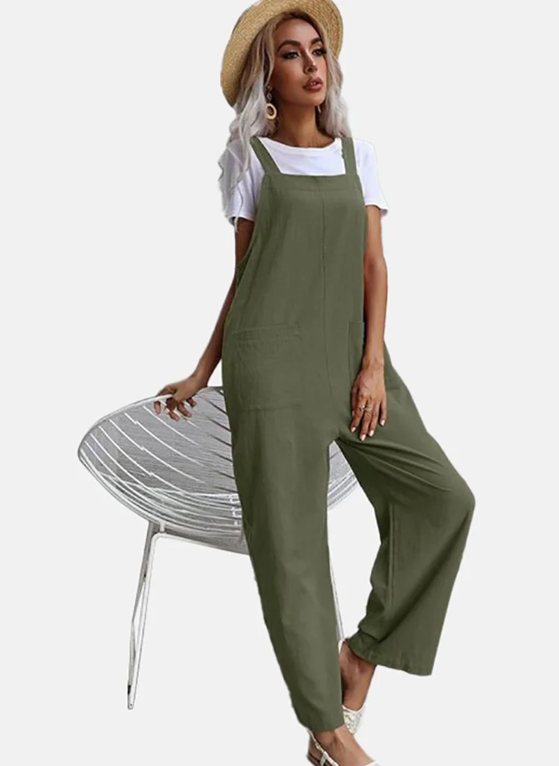 يونيكي Green Solid Relaxed Fit Square Neck Dungarees