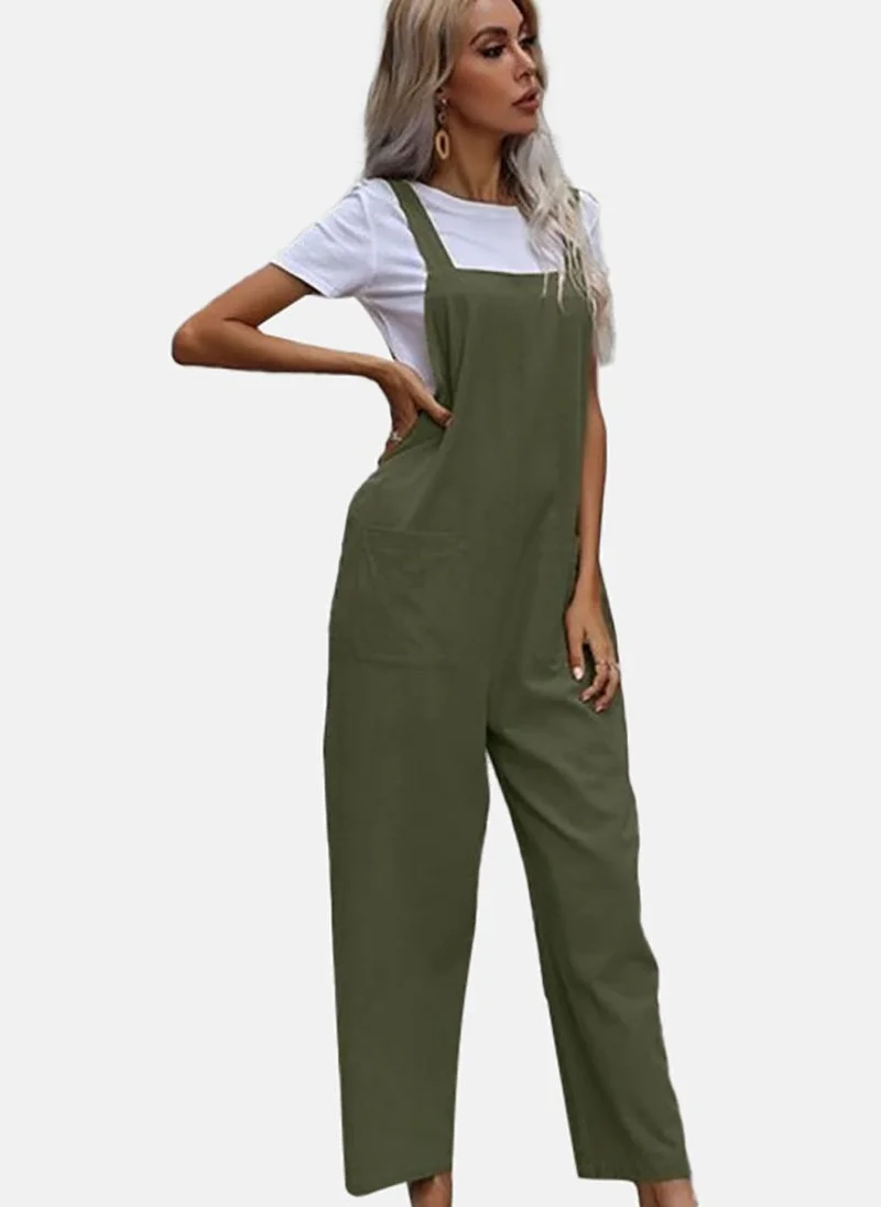 يونيكي Green Solid Relaxed Fit Square Neck Dungarees