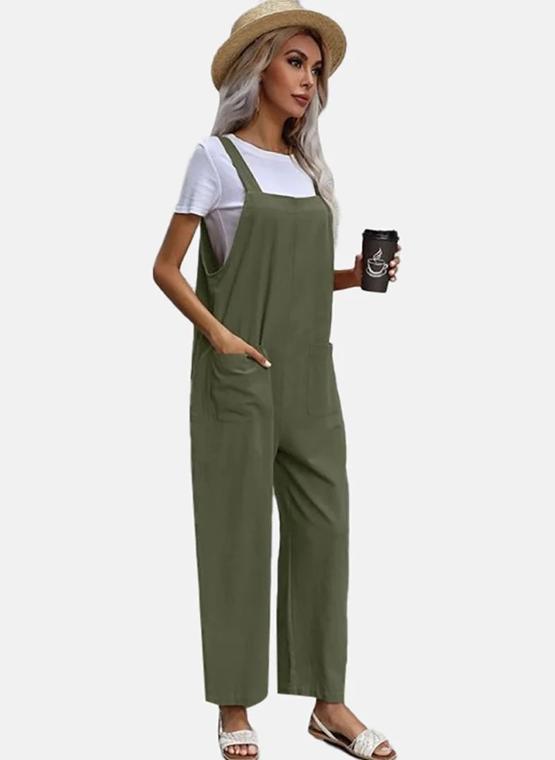 يونيكي Green Solid Relaxed Fit Square Neck Dungarees
