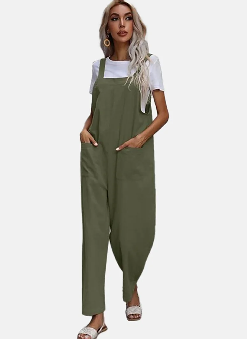 يونيكي Green Solid Relaxed Fit Square Neck Dungarees
