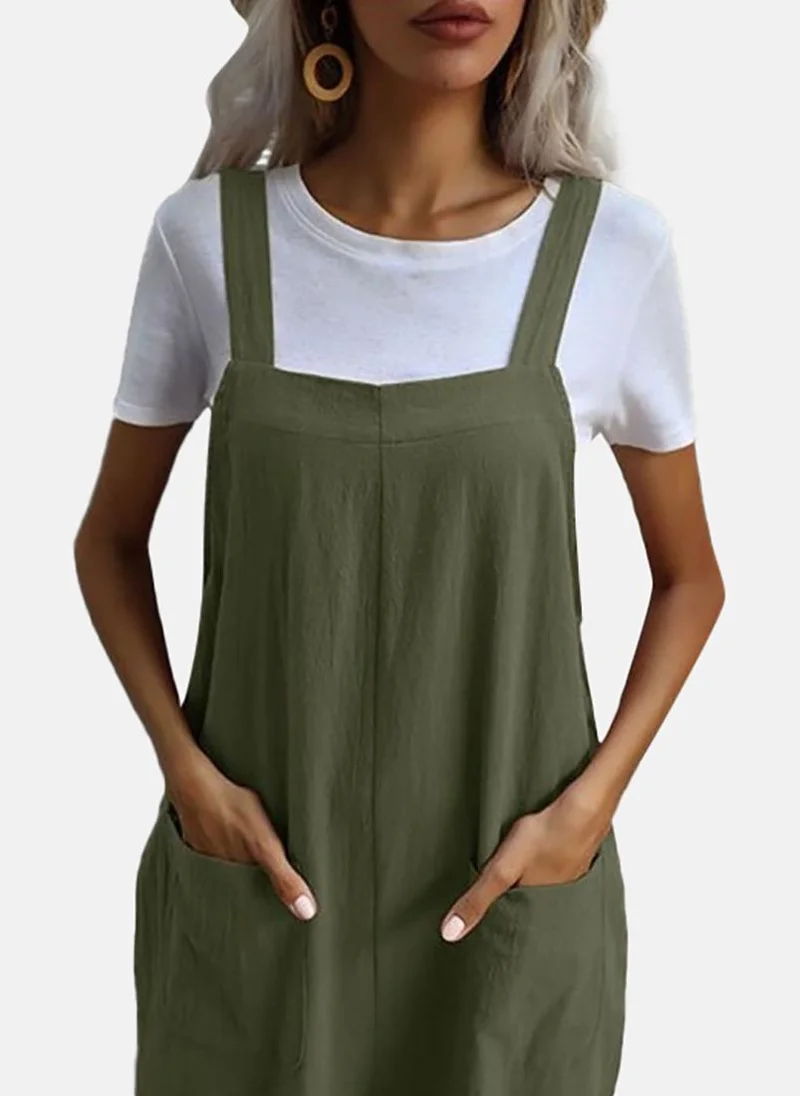 يونيكي Green Solid Relaxed Fit Square Neck Dungarees