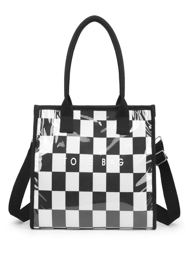 GISMTR PVC Tote Bag for Women Large Letters Print Hobo Handbags Kraft Paper Shoulder Bag with Strap for Work Travel, Black and White Checkered - Image 1