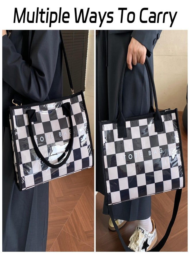 GISMTR PVC Tote Bag for Women Large Letters Print Hobo Handbags Kraft Paper Shoulder Bag with Strap for Work Travel, Black and White Checkered - Image 5