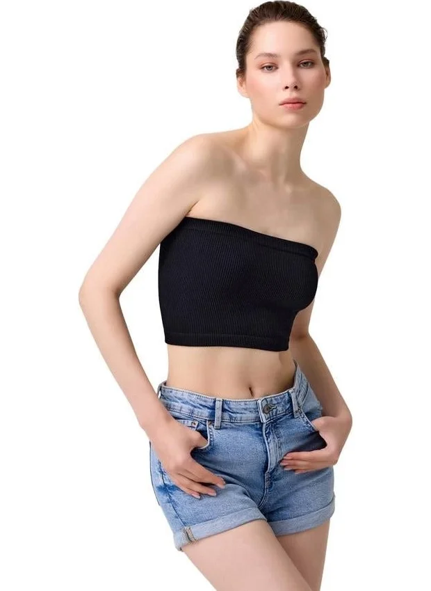 كوتن هيل Premium - Women's Black Seamless Strapless Crop Top Bustier