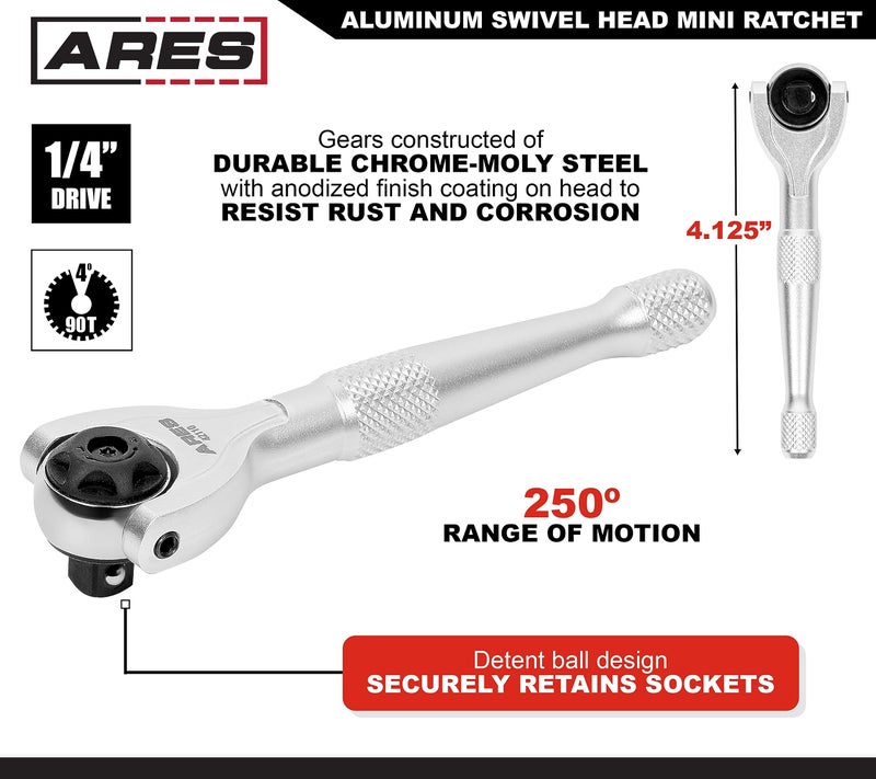 ARES ARES 42110 – Silver 1/4-Inch Drive 90-Tooth Mini Swivel Head Ratchet - 250 Degree Swivel with Detent Ball for Socket Retention – 4 Degree Sweep for Tight Spaces  - Image 2