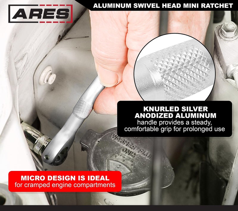 ARES ARES 42110 – Silver 1/4-Inch Drive 90-Tooth Mini Swivel Head Ratchet - 250 Degree Swivel with Detent Ball for Socket Retention – 4 Degree Sweep for Tight Spaces  - Image 3
