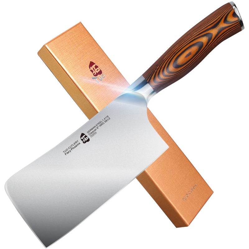 TUO Meat Cleaver Knife  6 Sharp Butcher Knife for Meat Cutting German High Carbon Steel Meat Chopper with Pakkawood Handle  Fiery Phoenix Series