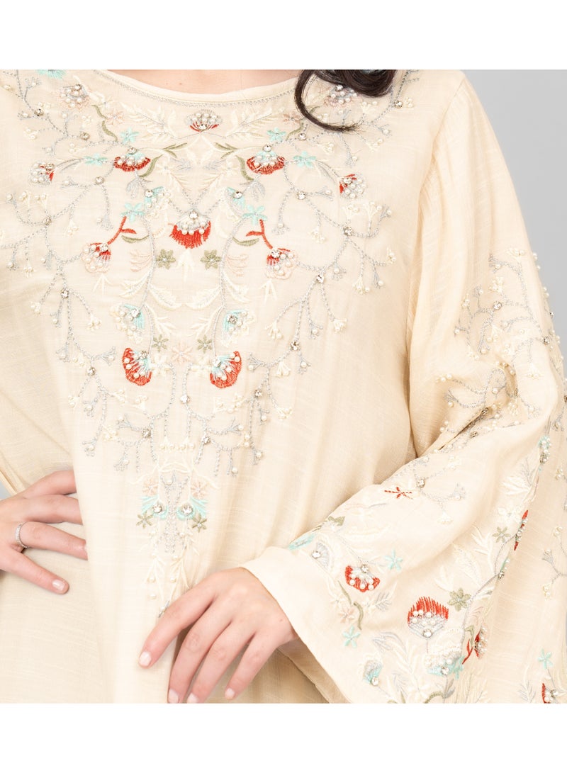 IKKXA Modern Embroidered Jalabiya IK4007 Beige - Image 4