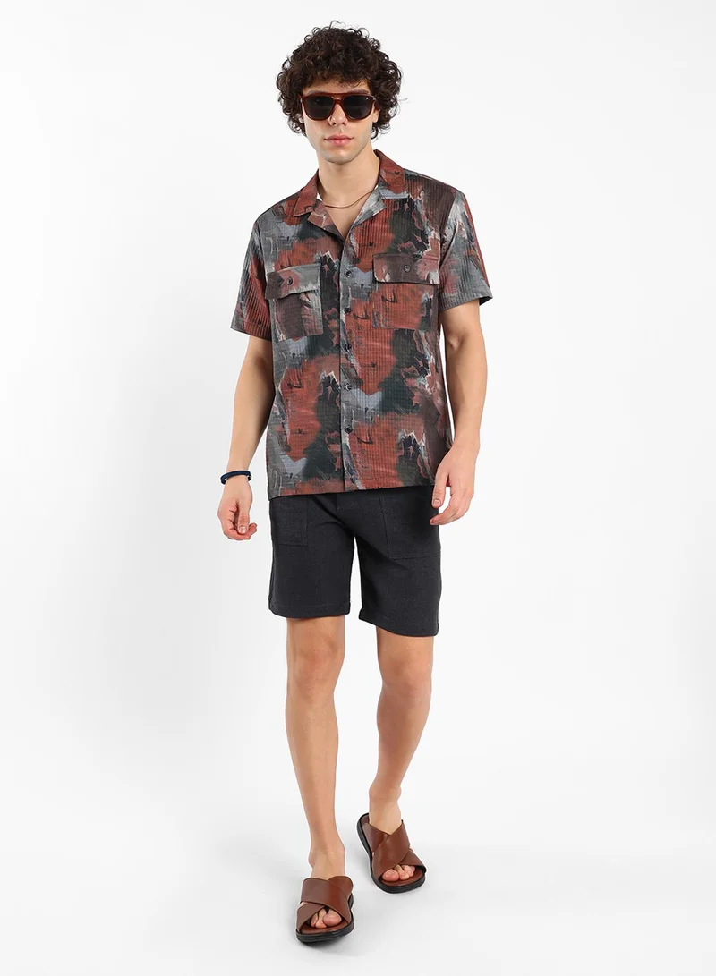 كامبوس سوترا Men's Chocolate Brown & Midnight Black Abstract Utility Oversized Shirt