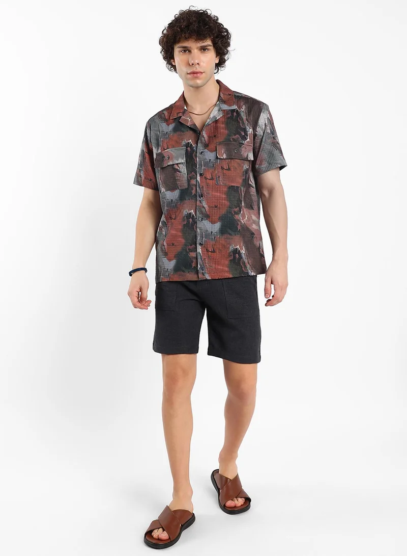 كامبوس سوترا Men's Chocolate Brown & Midnight Black Abstract Utility Oversized Shirt
