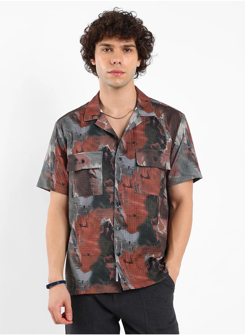 Campus Sutra Men's Chocolate Brown & Midnight Black Abstract Utility Oversized Shirt