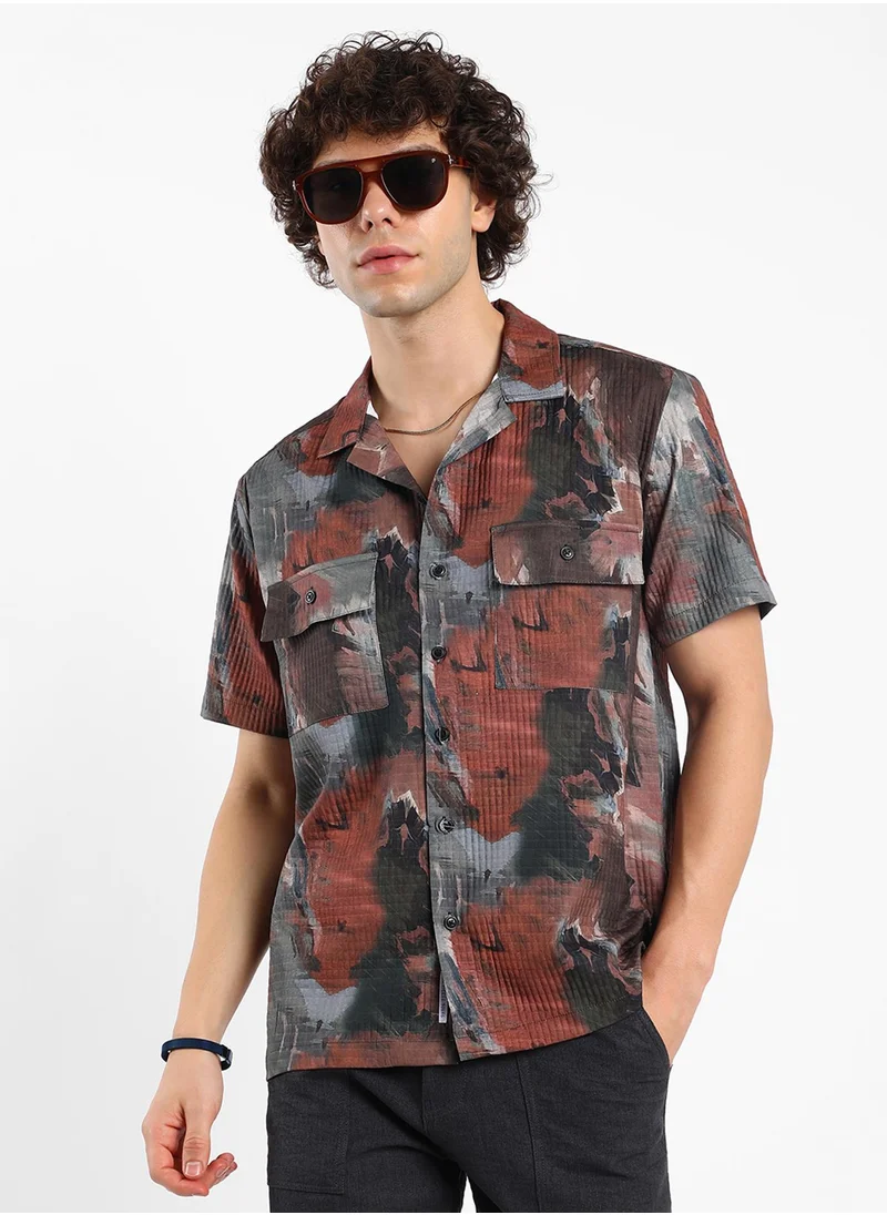 Campus Sutra Men's Chocolate Brown & Midnight Black Abstract Utility Oversized Shirt