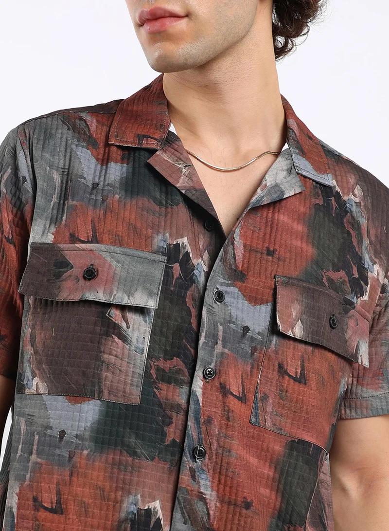 كامبوس سوترا Men's Chocolate Brown & Midnight Black Abstract Utility Oversized Shirt