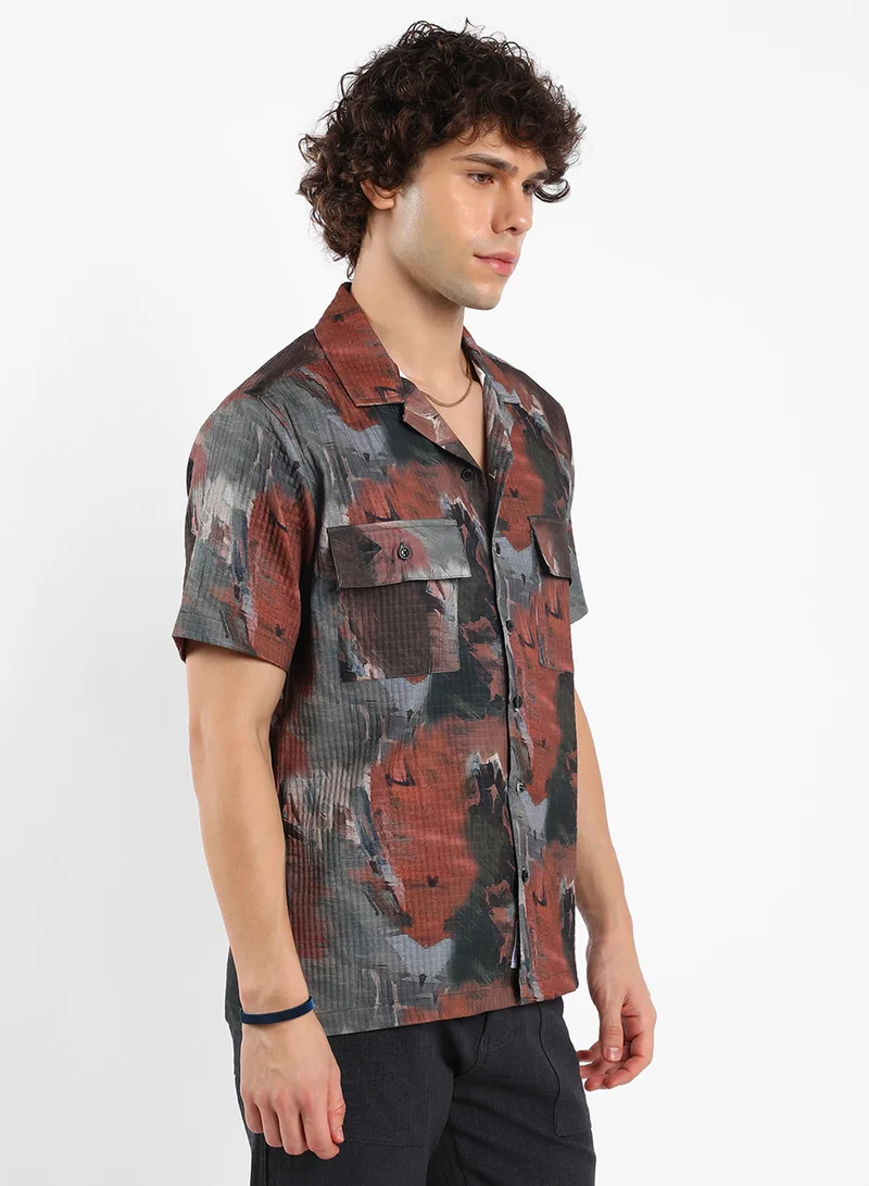 كامبوس سوترا Men's Chocolate Brown & Midnight Black Abstract Utility Oversized Shirt