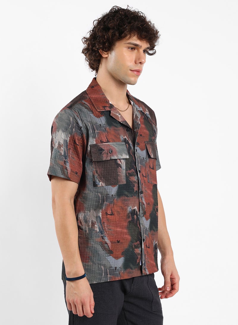 Campus Sutra Men's Chocolate Brown & Midnight Black Abstract Utility Oversized Shirt  - Image 3