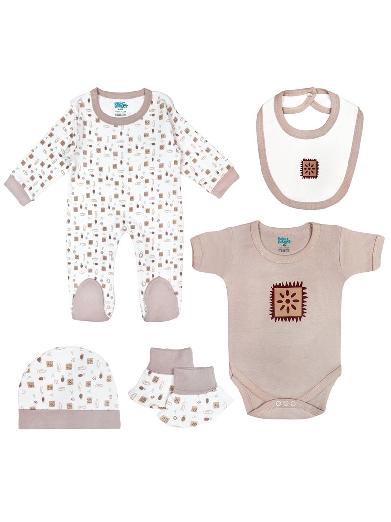 Babies Basic 5 piece Unisex 100% Cotton Sets include Bib, Romper, Mittens, Cap and Sleepsuit/Jumpsuit - Image 1